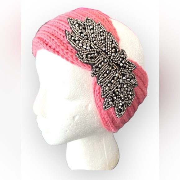 Accessories - Knit Pink Headband with Beaded Leaf